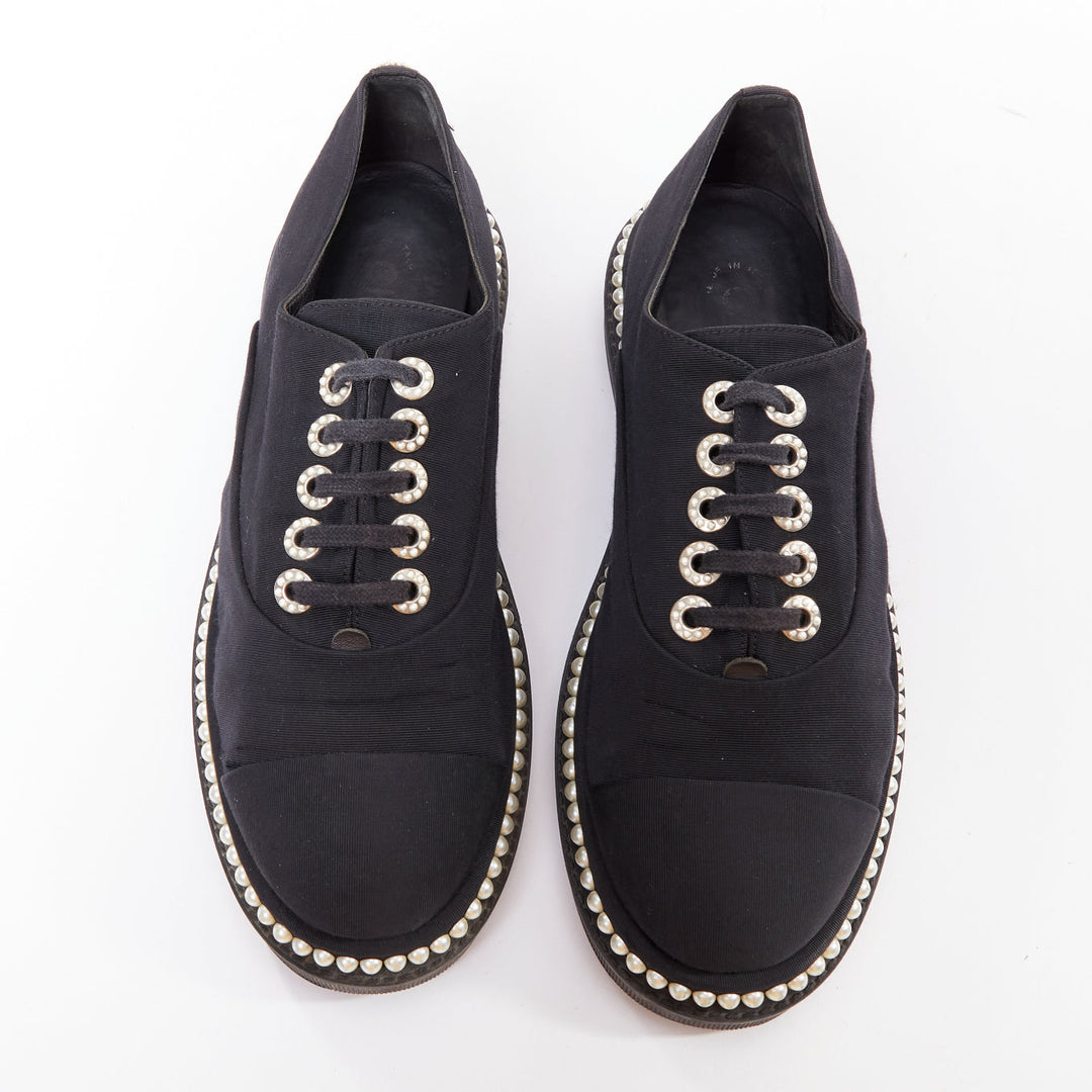 CHANEL black monochrome fabric faux pearl lace up derbies EU37.5