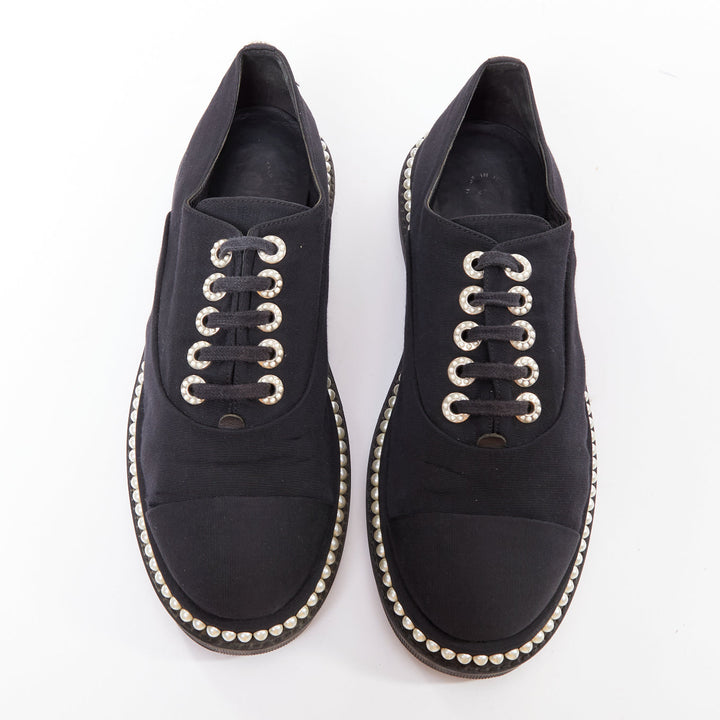 CHANEL black monochrome fabric faux pearl lace up derbies EU37.5