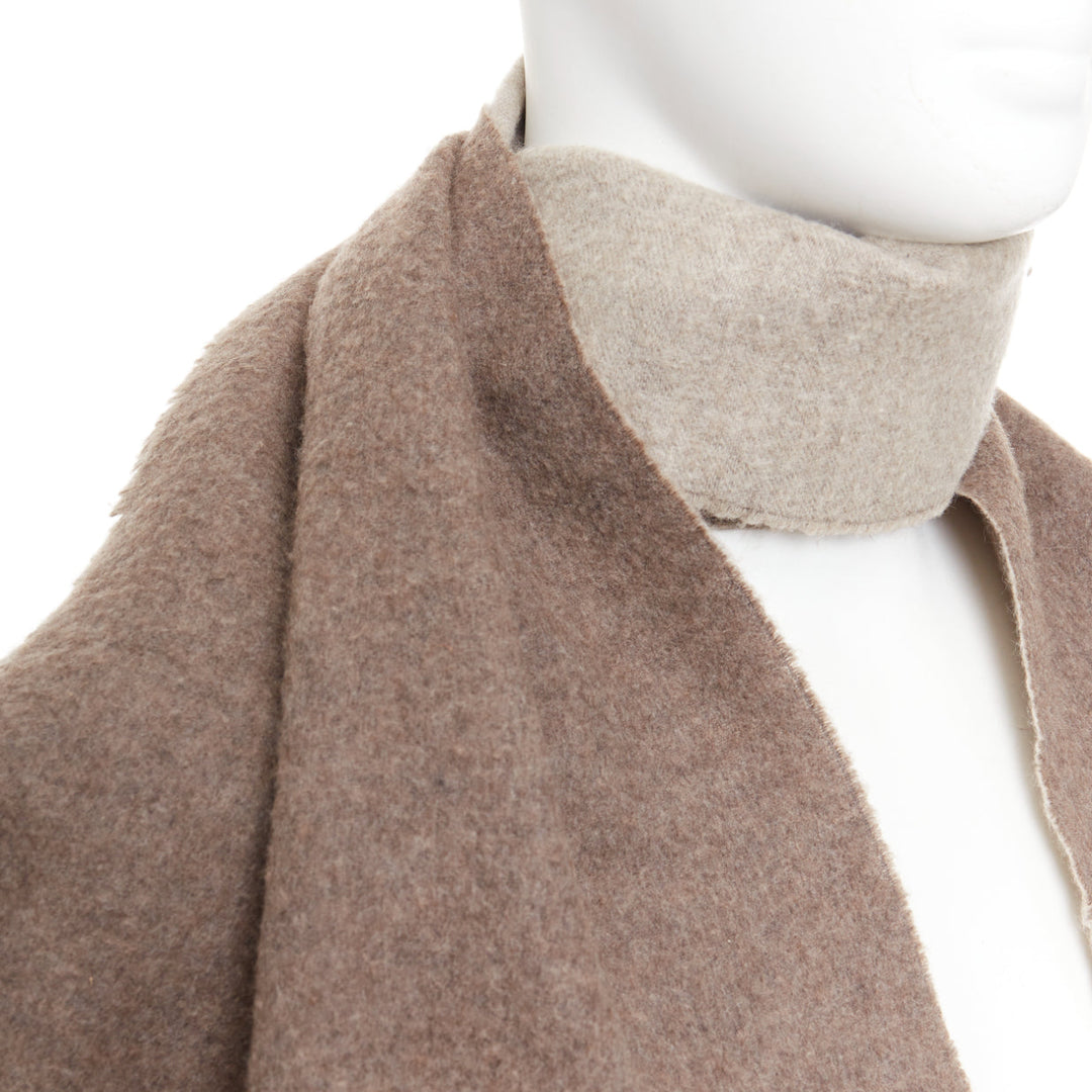 HERMES taupe brown cashmere wool reversible fringed long scarf