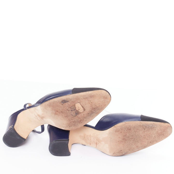 CHANEL navy blue leather black grosgrain cap toe slip on slingback pumps EU38