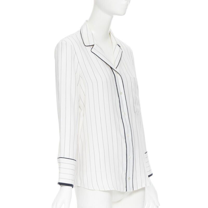 FRAME 100% silk white black vertical stripe black piping casual pyjama shirt XS