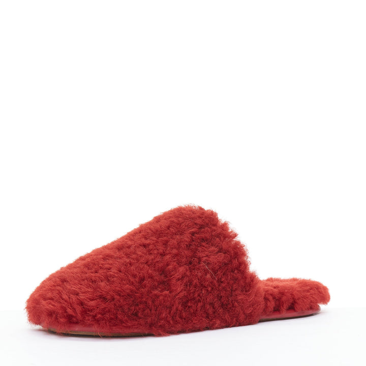 LOEWE red shearling brown anagram leather tag slipper mules EU37