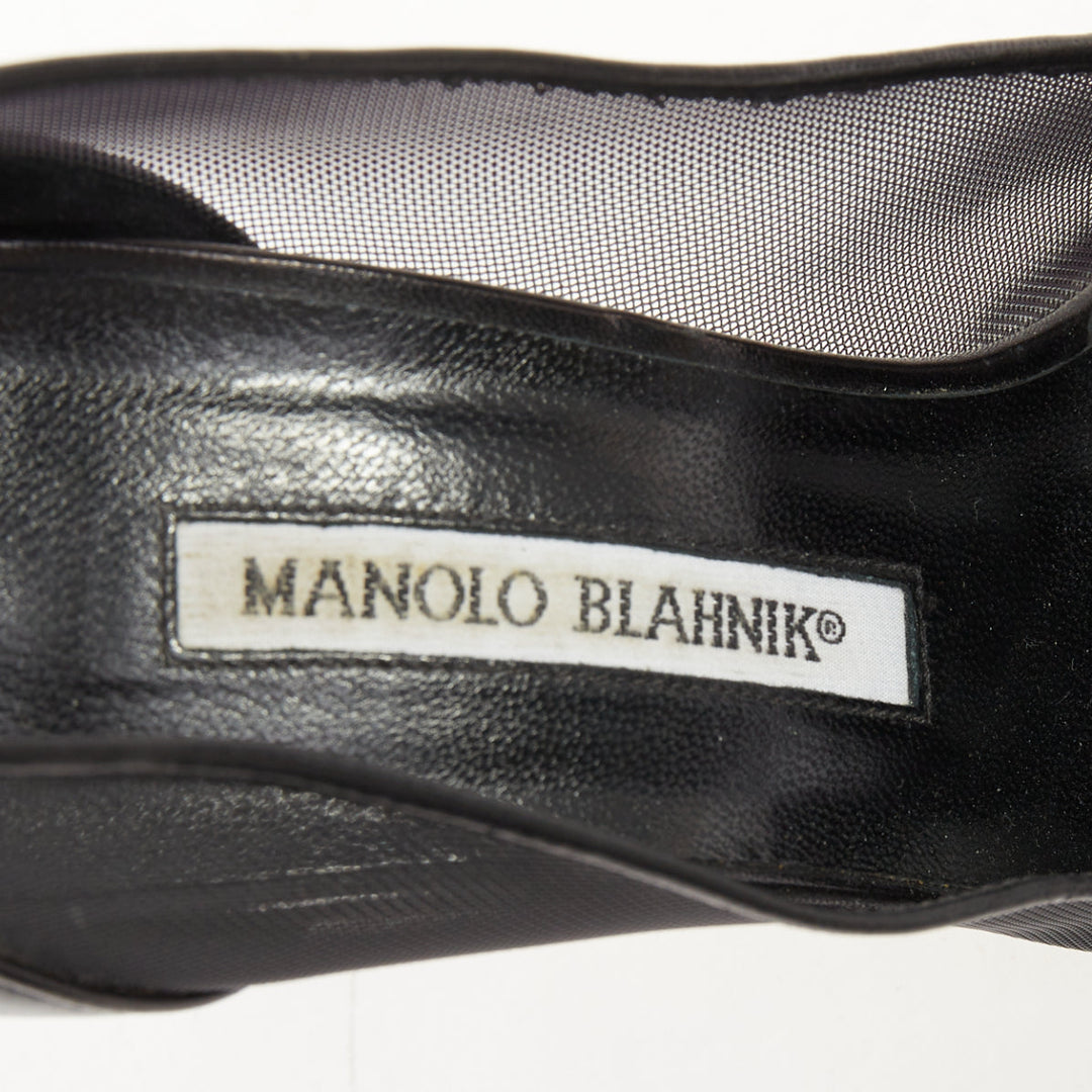 MANOLO BLAHNIK Capcour 90 black sheer mesh leather cap toe stiletto pumps EU37