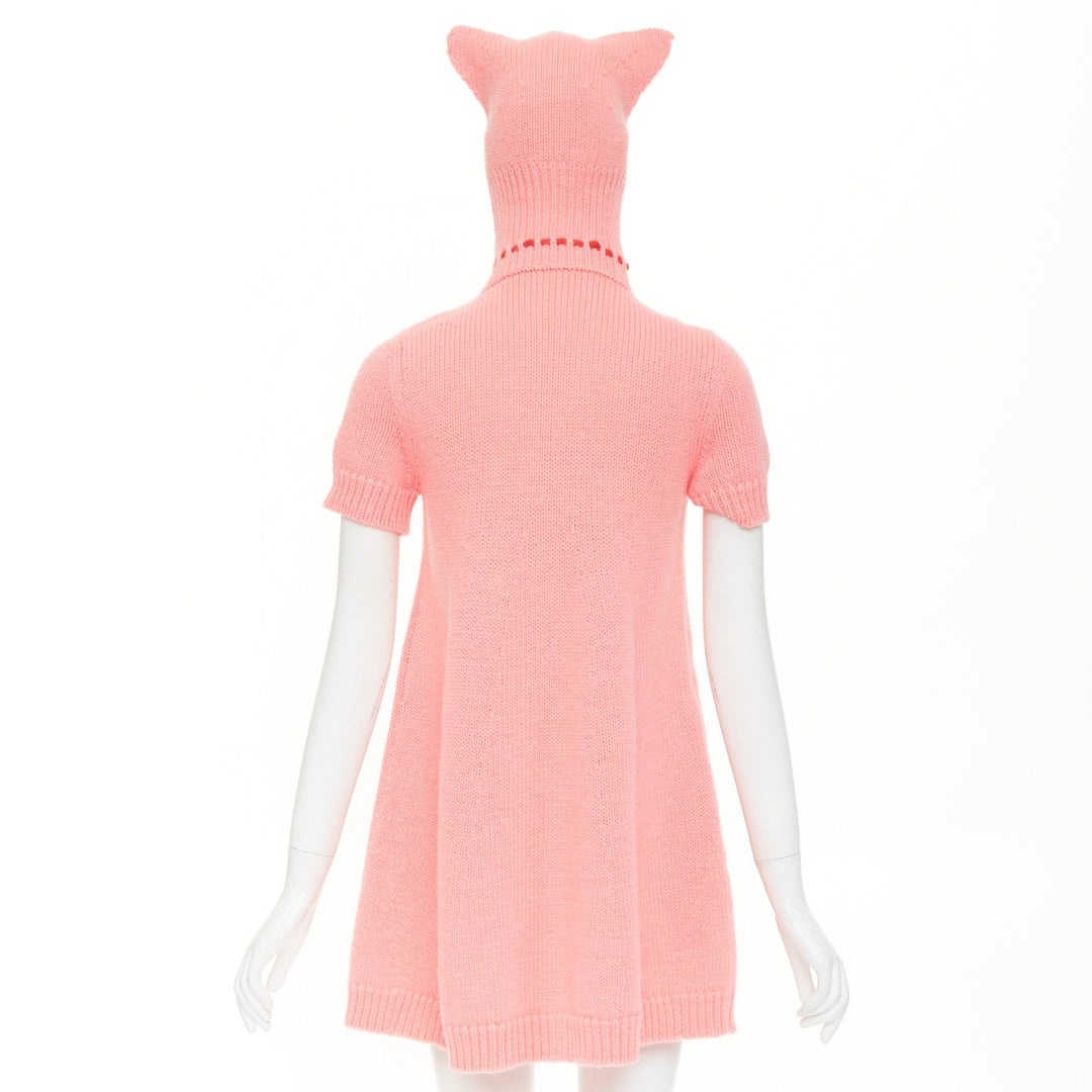rare GUCCI 2021 Epilogue pink wool knit ear hooded pom pom embellished dress XS