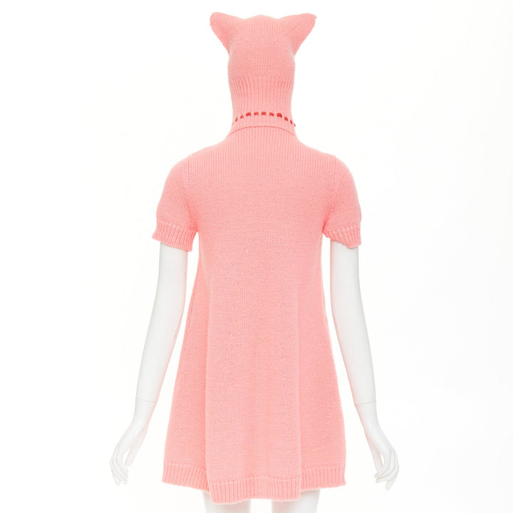 rare GUCCI 2021 Epilogue pink wool knit ear hooded pom pom embellished dress XS