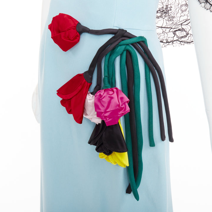 PRADA 2019  light blue black draped lace floral bouquet applique gown IT42 M