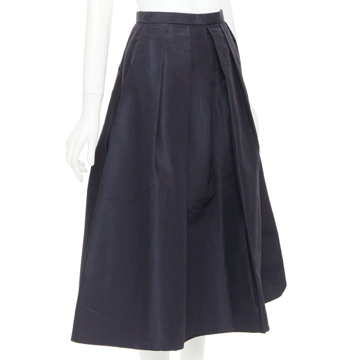 TIBI navy 100% silk satin crepe box pleated flared tea length midi skirt US0 XS