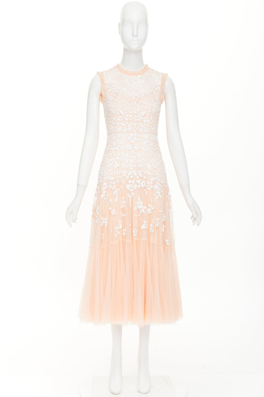 NEEDLE & THREAD Bridal blush pink white sequin ruffle edge midi dress UK8 S