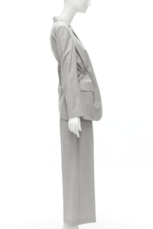 THEORY Drape wool grey drawstring cinched waist blazer wide leg pants set US6 S