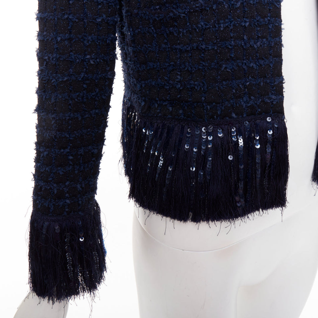 OSCAR DE LA RENTA 2023 navy blue wool tweed sequin fringe hem jacket XS