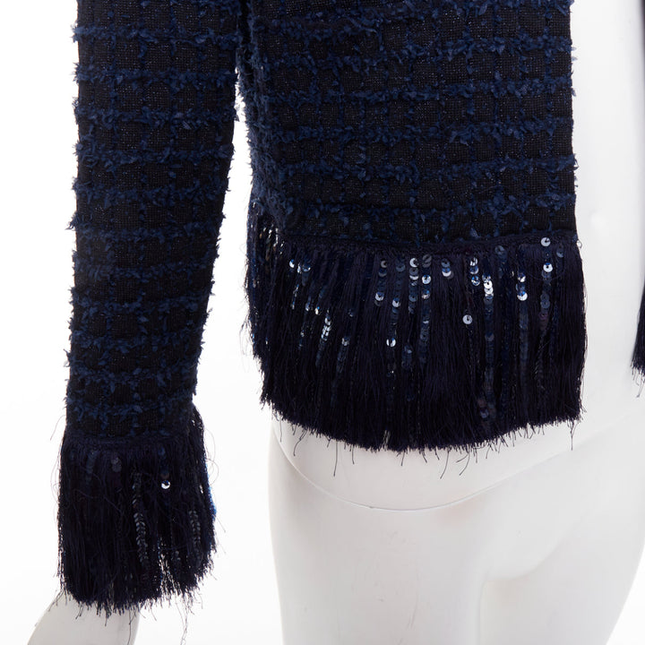 OSCAR DE LA RENTA 2023 navy blue wool tweed sequin fringe hem jacket XS