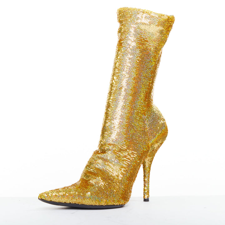 BALENCIAGA Demna Knife gold holographic sequins point toe sock ankle boots EU36