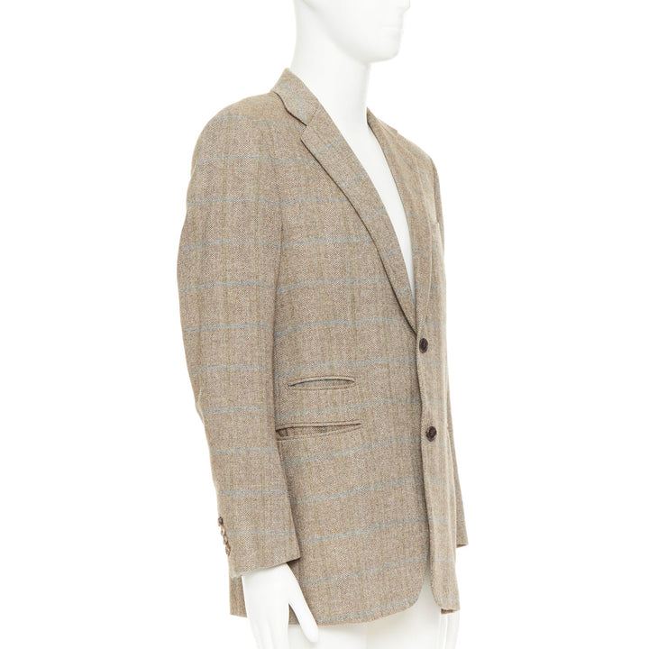 HERMES brown blue wool mohair cashmere checked full canvas blazer EU50 L