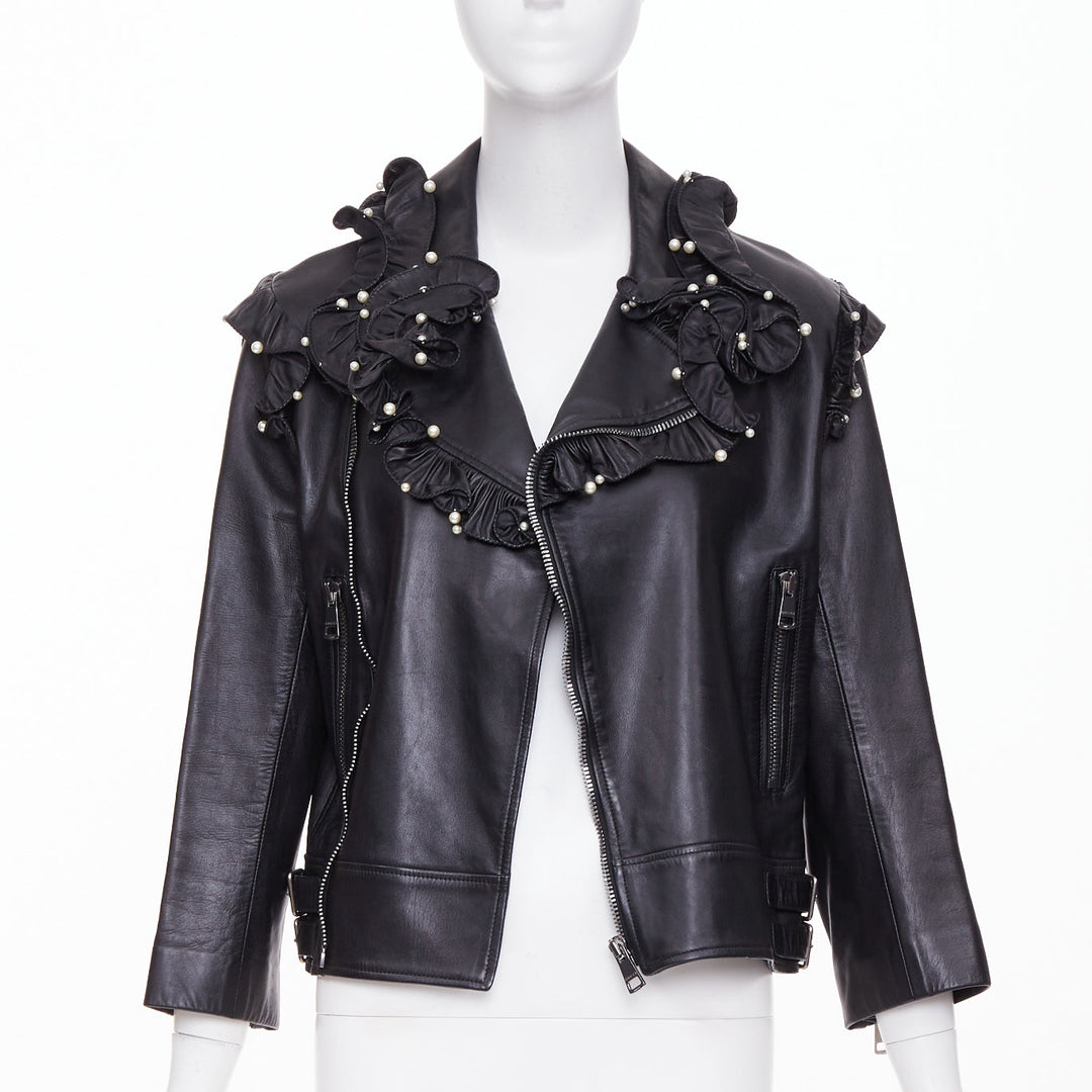 GUCCI 2016 black lambskin leather faux pearl ruffle collar biker jacket IT40 S