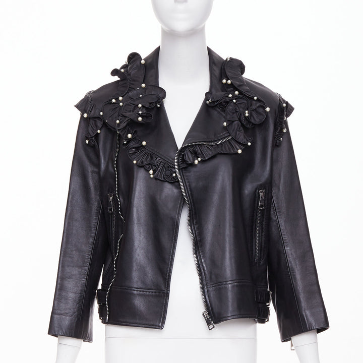 GUCCI 2016 black lambskin leather faux pearl ruffle collar biker jacket IT40 S