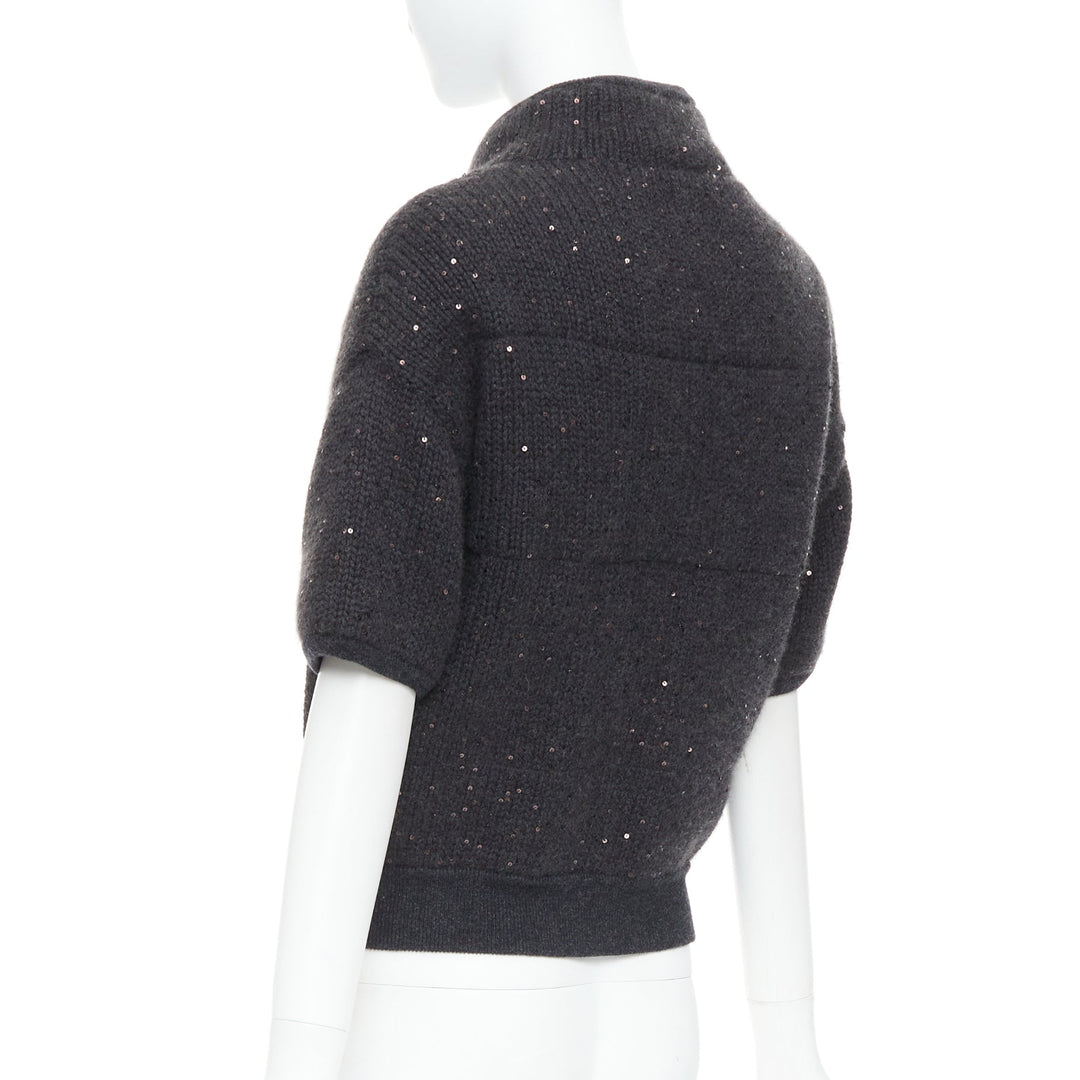 BRUNELLO CUCINELLI Cashmere dark grey sequin padded crop cardigan M