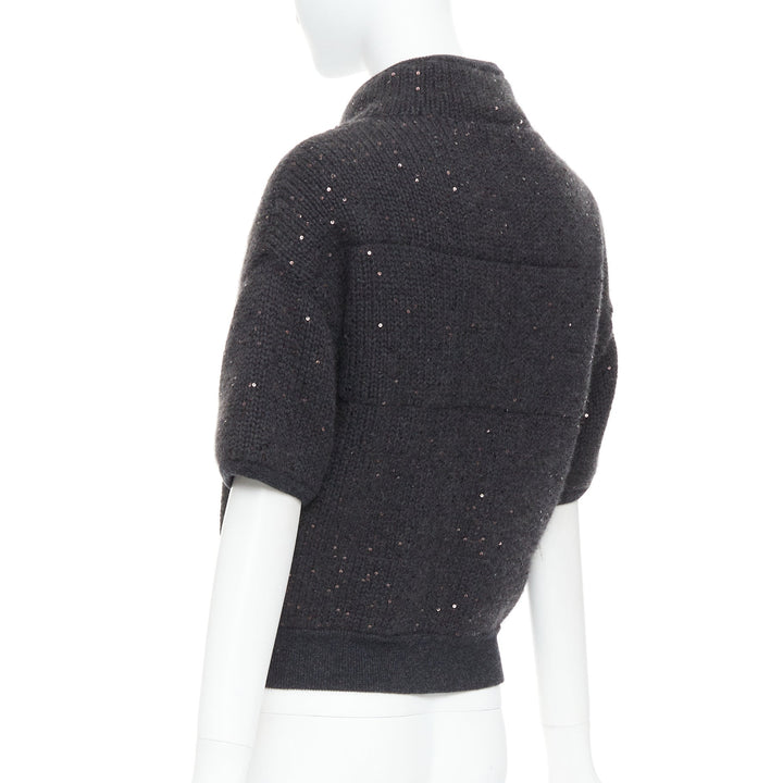 BRUNELLO CUCINELLI Cashmere dark grey sequin padded crop cardigan M