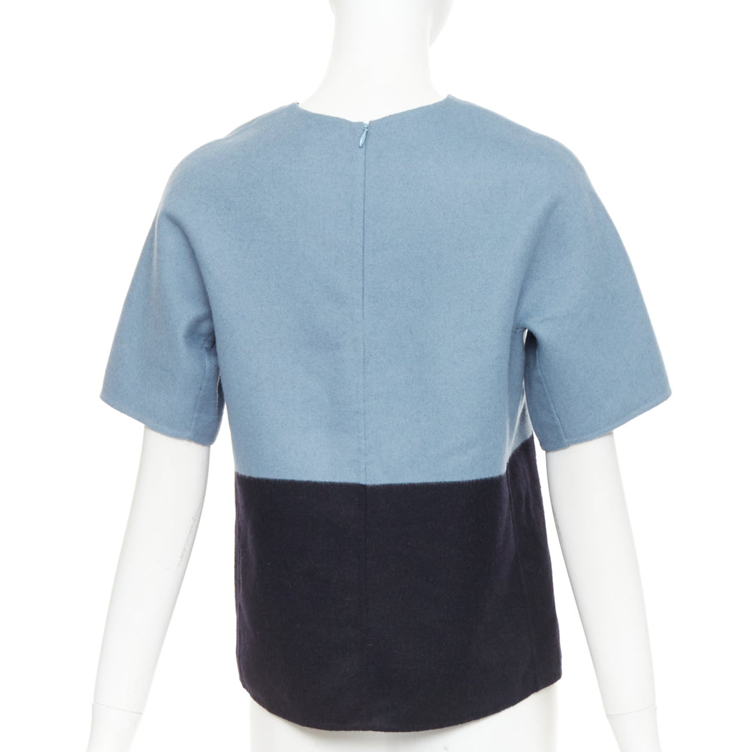 THE ROW bicolor blue black wool cashmere crew neck half sleeve top US0 XS