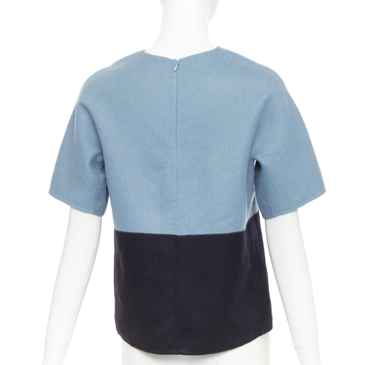 THE ROW bicolor blue black wool cashmere crew neck half sleeve top US0 XS