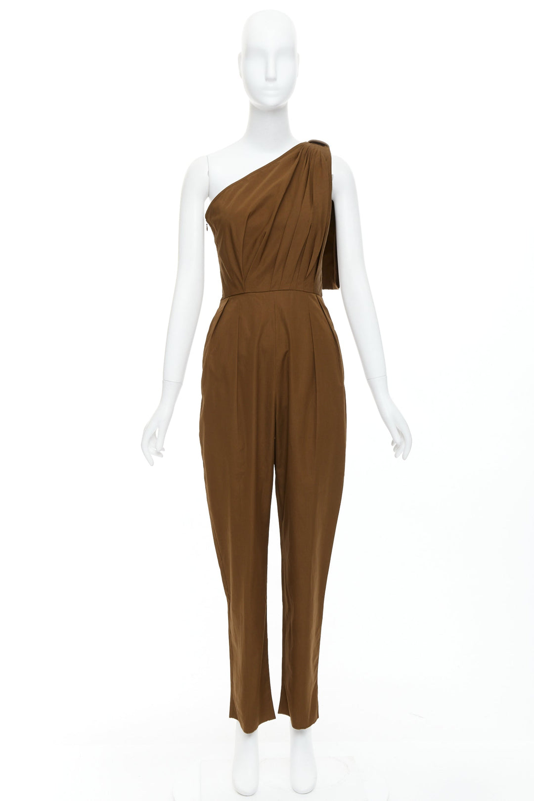 MAX MARA Avola brown cotton poplin one shoulder leather trim jumpsuit IT36 XXS