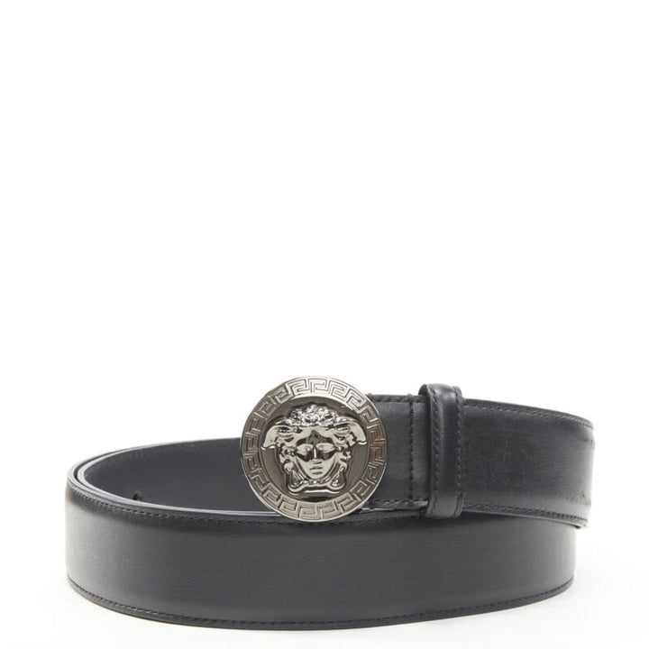 VERSACE Biggie Medusa Medallion Coin silver black leather belt 105cm 40-44"