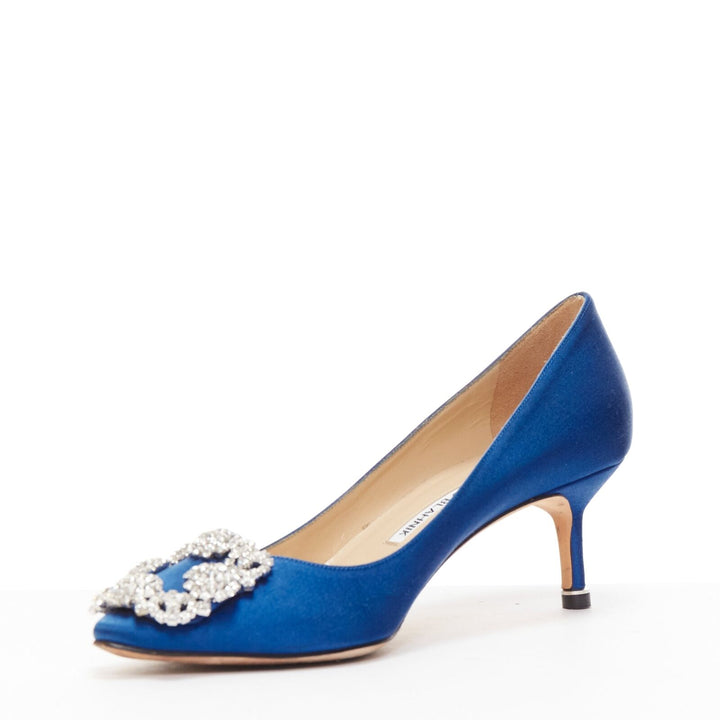 MANOLO BLAHNIK Hangisi 50 blue satin crystal buckle teacup heeled pumps EU36.5