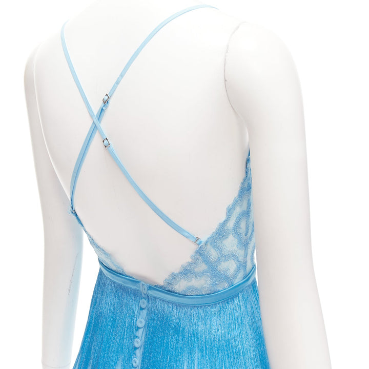 rare LA PERLA blue silk blend intricate lace fringe lingerie cami top US0 XS