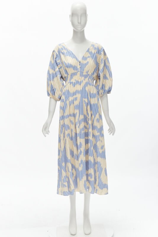 DIANE VON FURSTENBERG beige blue print lattice embroidery puff sleeve dress US8