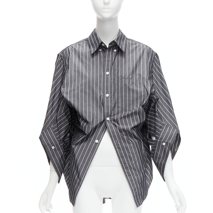 BALENCIAGA Wardrobe Demna 2021 grey pinstripe logo deconstructed shirt FR34 XS