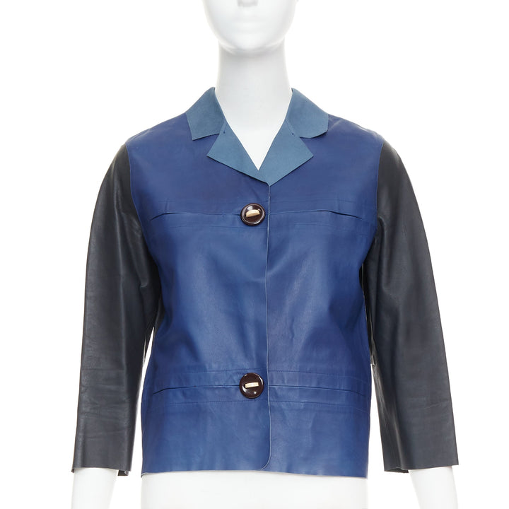 MARNI blue black colorblocked calf leather geometric buttons crop jacket IT40 S