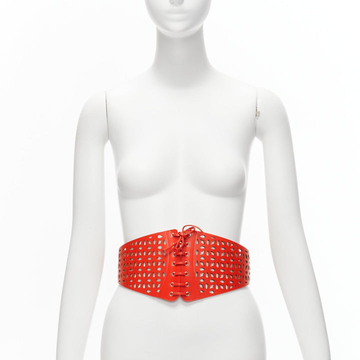 AZZEDINE ALAIA red laser cut leather laced corset waist belt 70cm