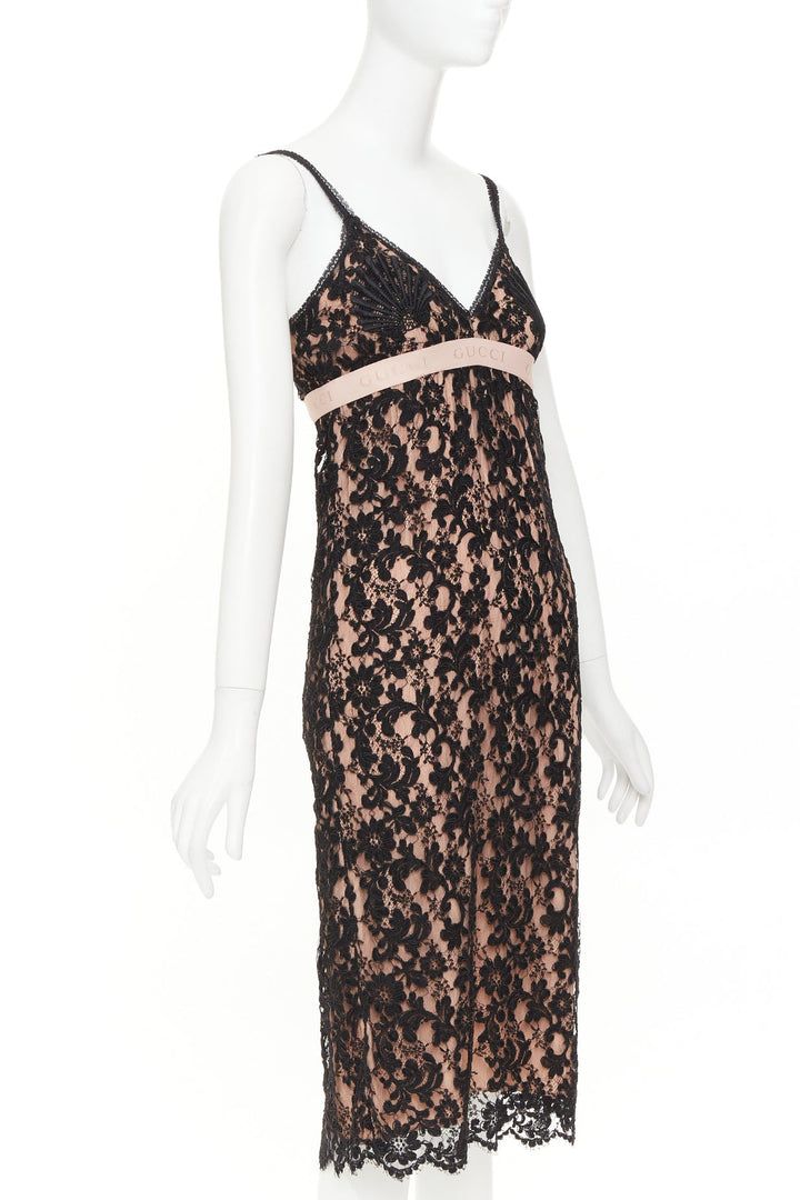 GUCCI 2021 Aria black floral lace logo jacquard lingerie cocktail dress IT36 XXS