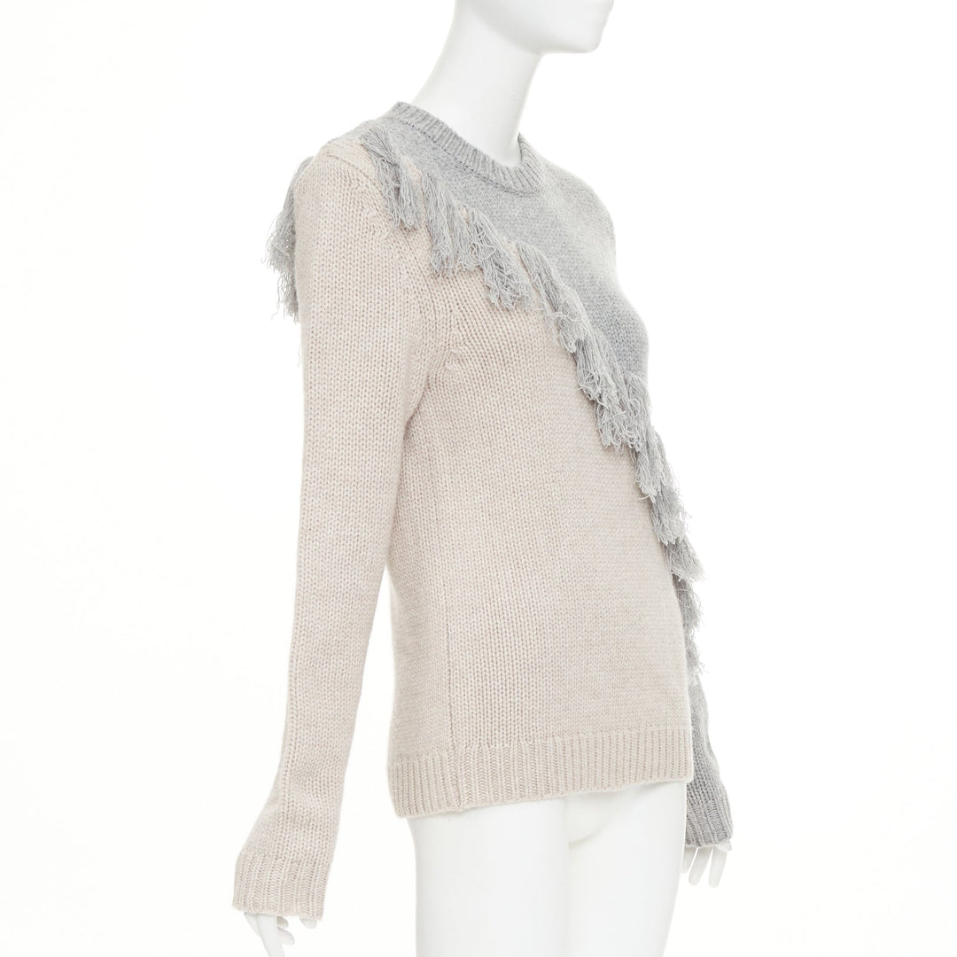 JW ANDERSON grey beige wool cashmere tassel trim asymmetric split  sweater XS
