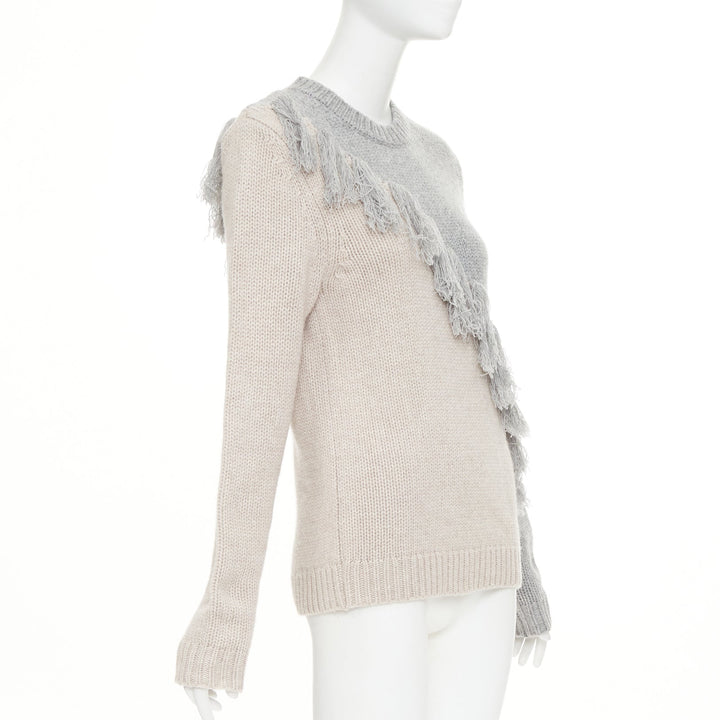 JW ANDERSON grey beige wool cashmere tassel trim asymmetric split  sweater XS