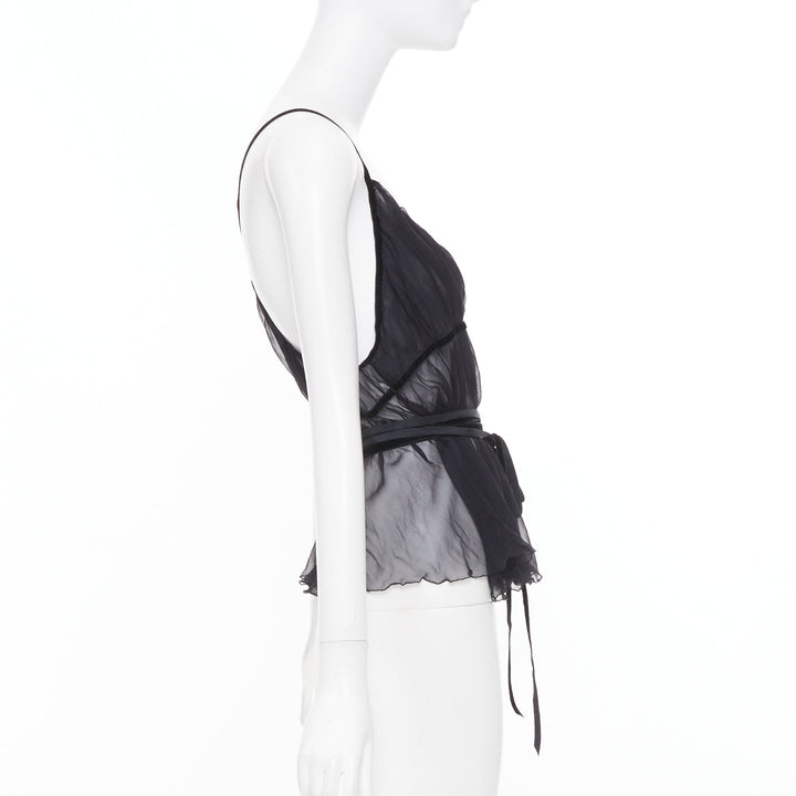 PHILOSOPHY 2014 black sheer silk georgette wrap ruffle peplum camisole IT46 XL