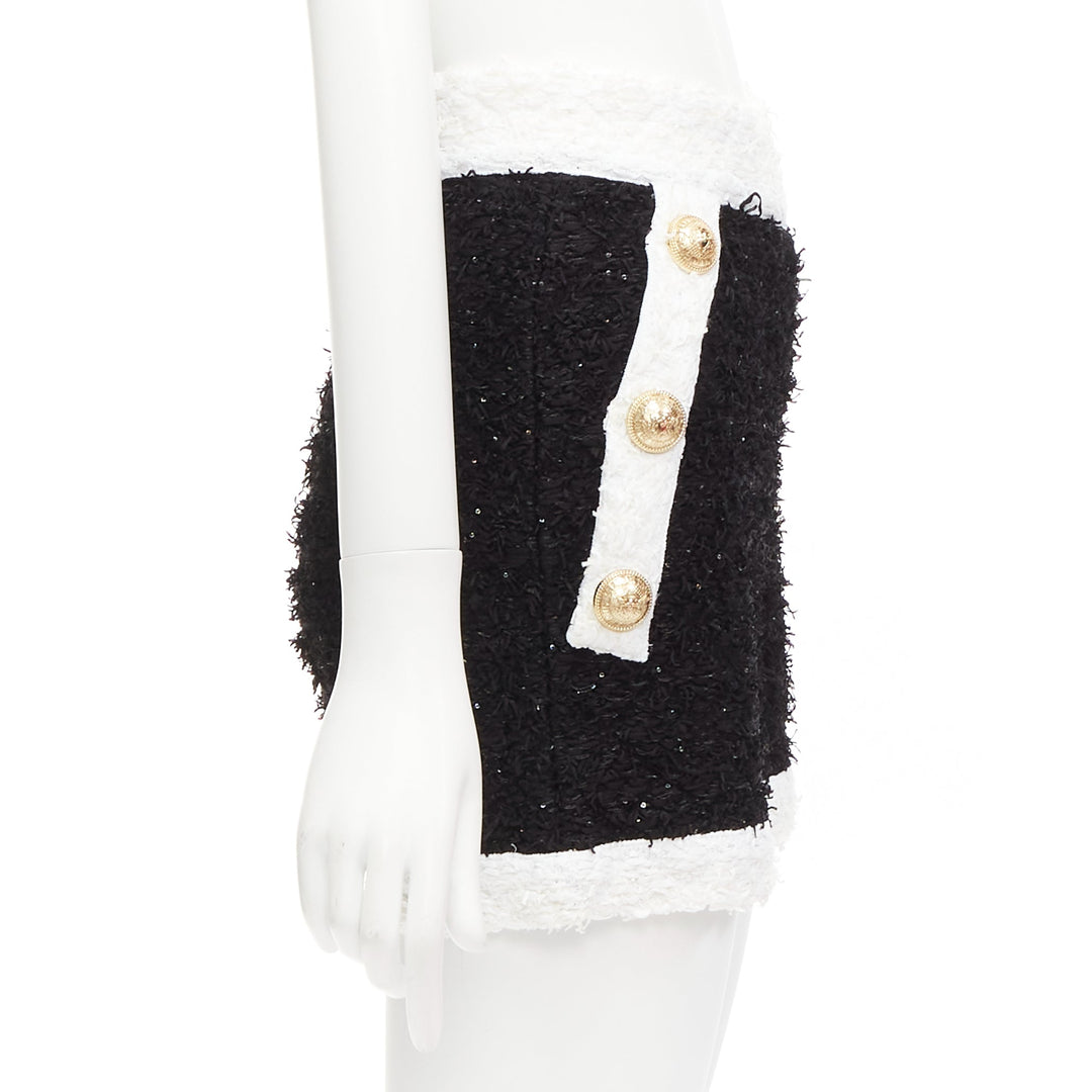 BALMAIN black white sequins tweed gold buttons zip high waisted shorts FR34 XS