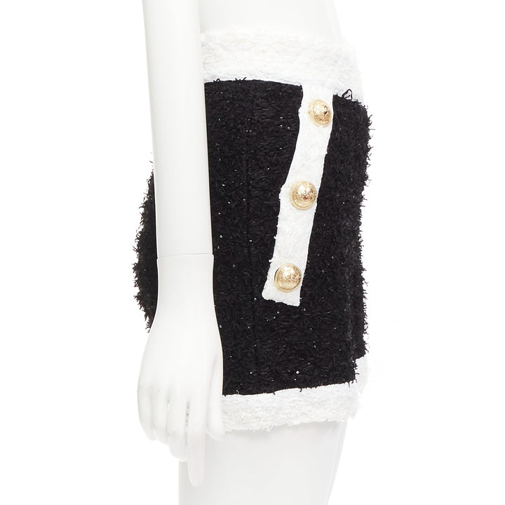 BALMAIN black white sequins tweed gold buttons zip high waisted shorts FR34 XS