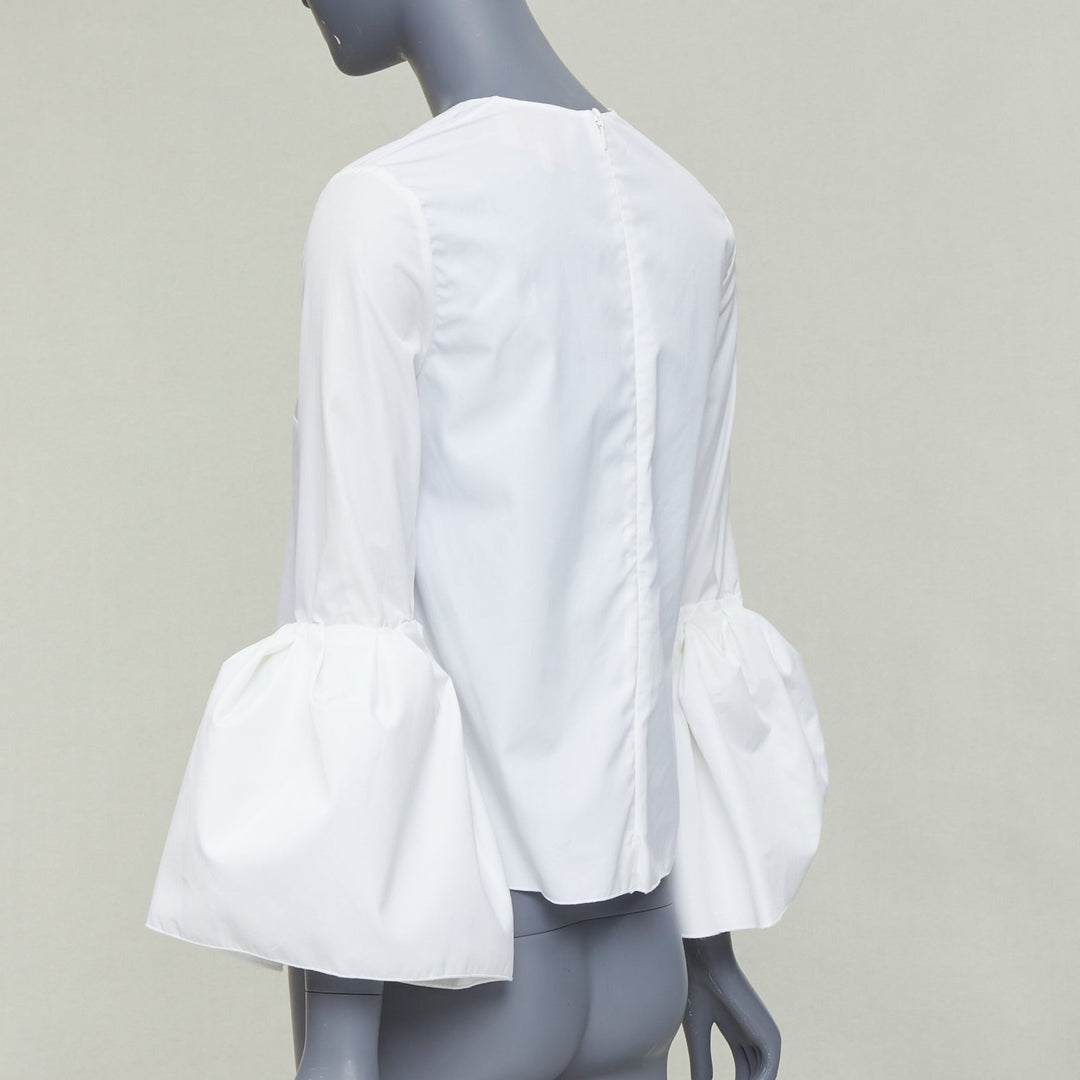 ROKSANDA cream cotton fit flare ruffled cuff fitted crew neck shirt UK6 XS