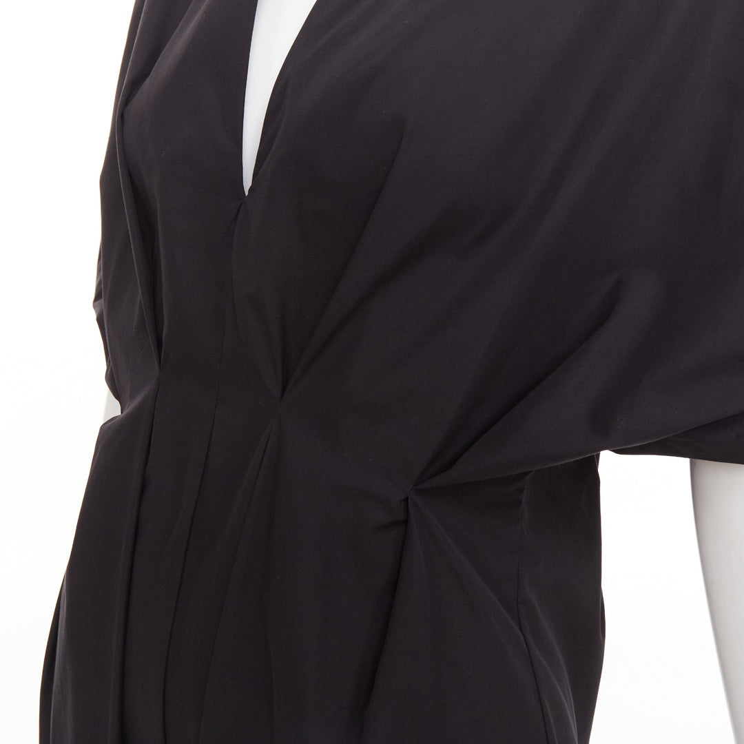 ESME VIE black cotton poplin V neck short cape sleeve pleated midi dress FR38 M