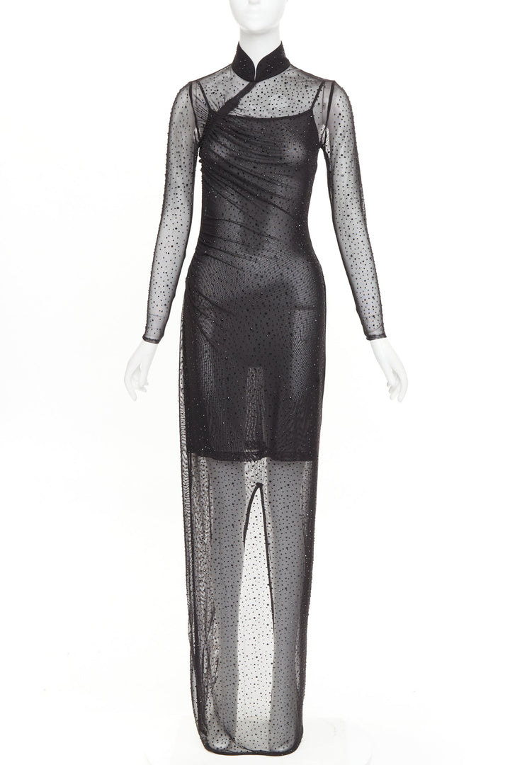 SAU LEE Kai black sheer mesh crystal cheongsam maxi gown US2 S
