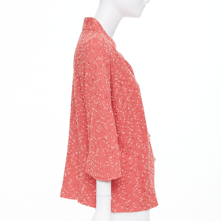 ST JOHN COUTURE light red textured boucle tweed gold button jacket US14 3XL