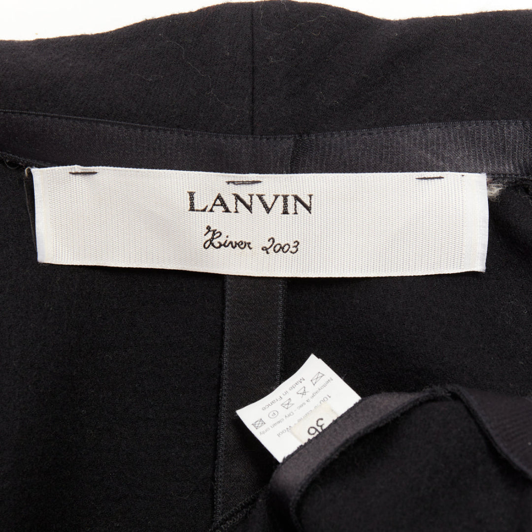 LANVIN 2003 black wool cargo pocket belted high neck zip front long coat FR36 S