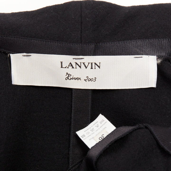 LANVIN 2003 black wool cargo pocket belted high neck zip front long coat FR36 S