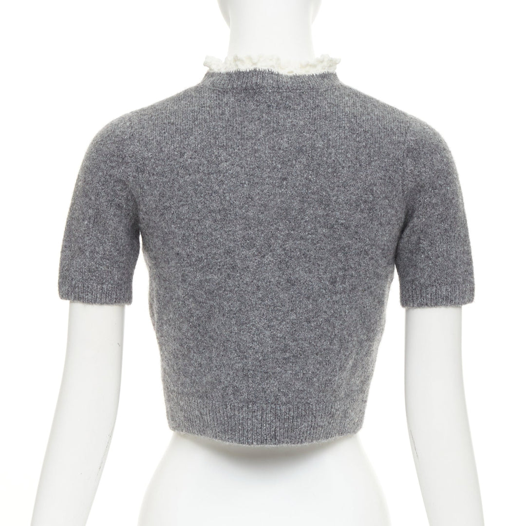 SHUSHU TONG 2024 grey wool embroidered florals lace trim cropped sweater UK6 XS