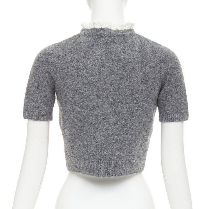 SHUSHU TONG 2024 grey wool embroidered florals lace trim cropped sweater UK6 XS