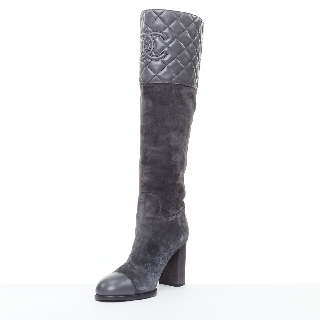 CHANEL 2023 grey suede diamond quilted CC logo block heel boots EU38.5