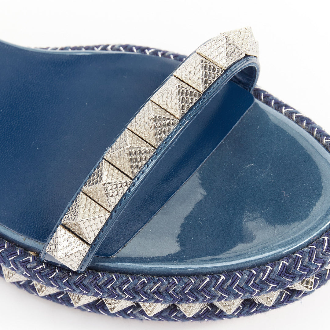 CHRISTIAN LOUBOUTIN Pyraclou 60 denim blue spikes platform wedges EU38