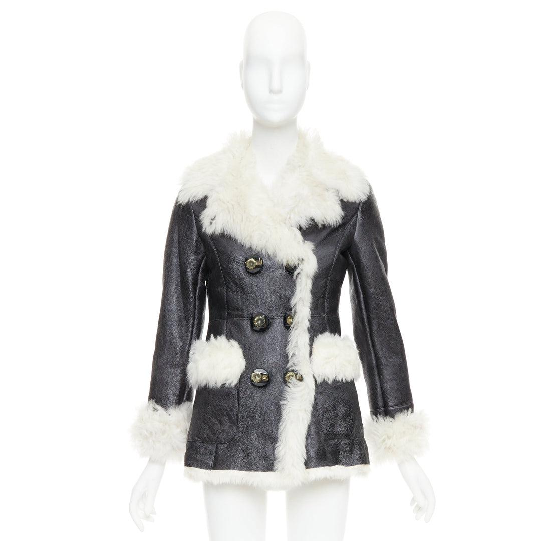 PRADA 2009 Vintage cream sheep fur black leather crystal buttons coat IT36 XXS