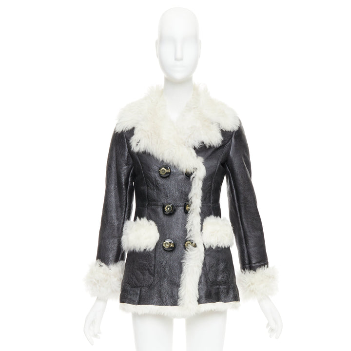 PRADA 2009 Vintage cream sheep fur black leather crystal buttons coat IT36 XXS