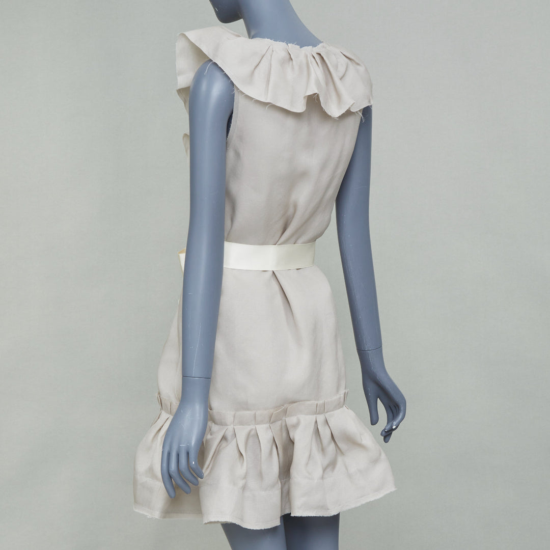 LANVIN 2008 light grey ruffle silk sleeveless bow belted mini dress FR34 XS